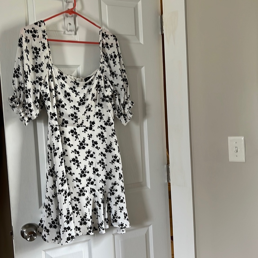 White squareneck dress with black floral